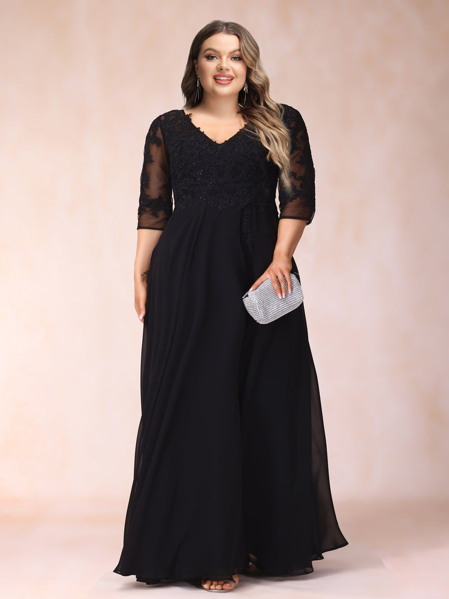 Lavetir A-Line/Princess V-Neck 3/4 Sleeves Long Formal Plus Size Evening Dresses with Beading & Appliques 2322300P - Lavetir AU Lavetir A-Line/Princess V-Neck 3/4 Sleeves Long Formal Plus Size Evening Dresses with Beading & Appliques 2322300P - Lavetir AU