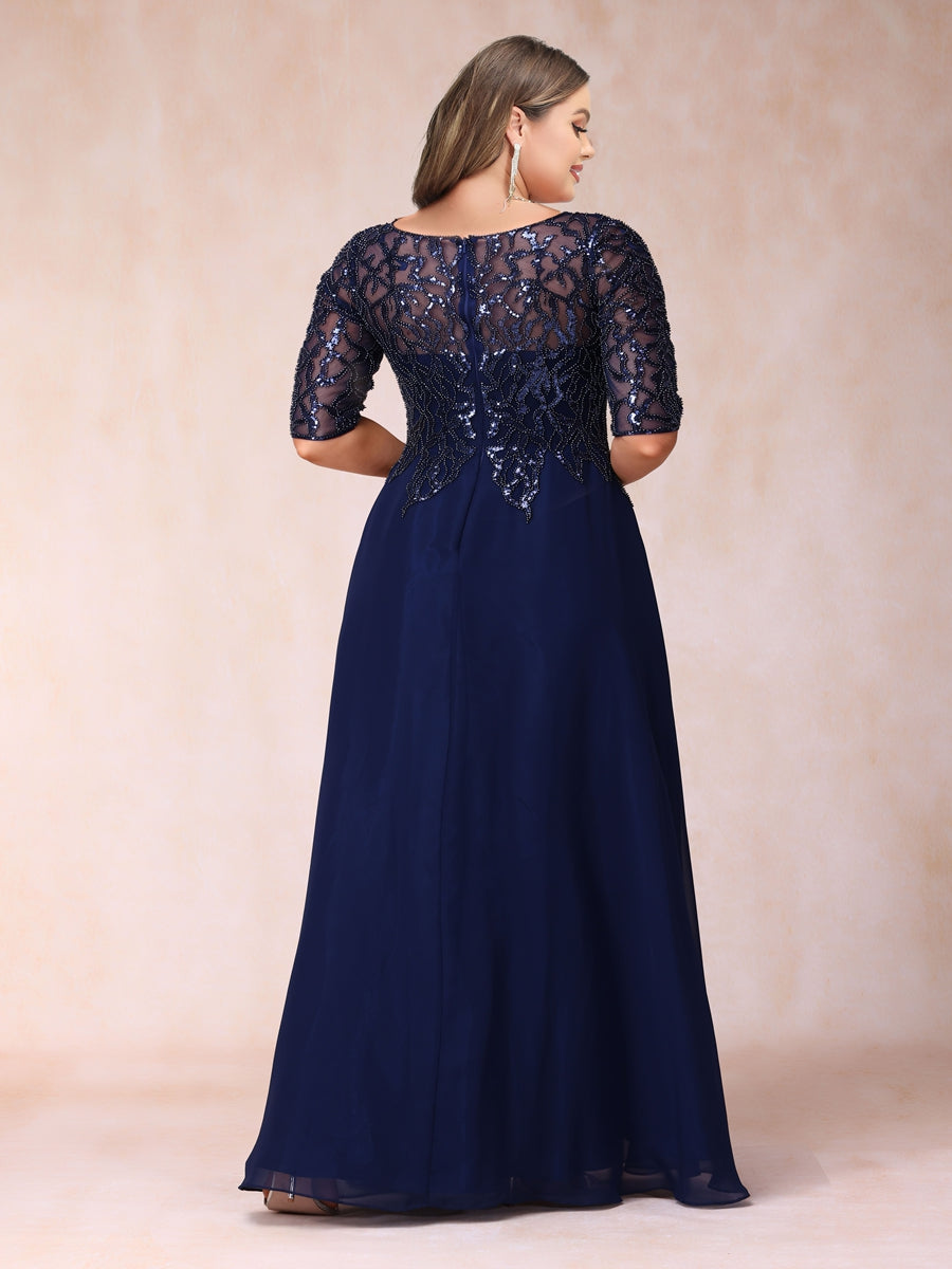 A-Line/Princess Sheer Neck Half Sleeves Long Formal Plus Size Evening Dresses with Beading & Sequins