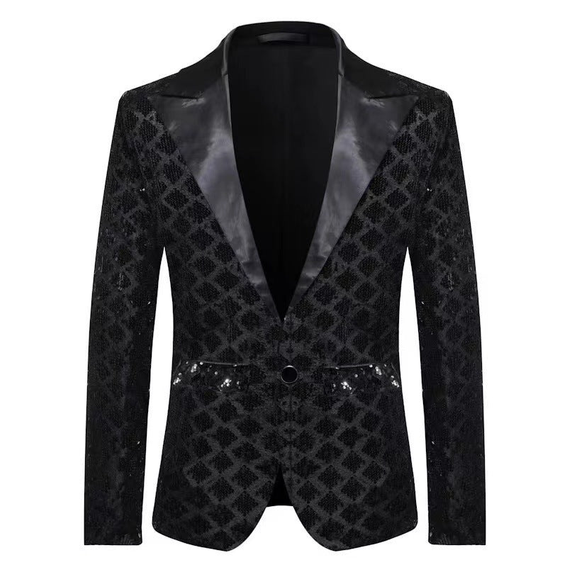 Tailored Fit Peaked Lapel Single Breasted One-Button Sequin Men's Party Jacket