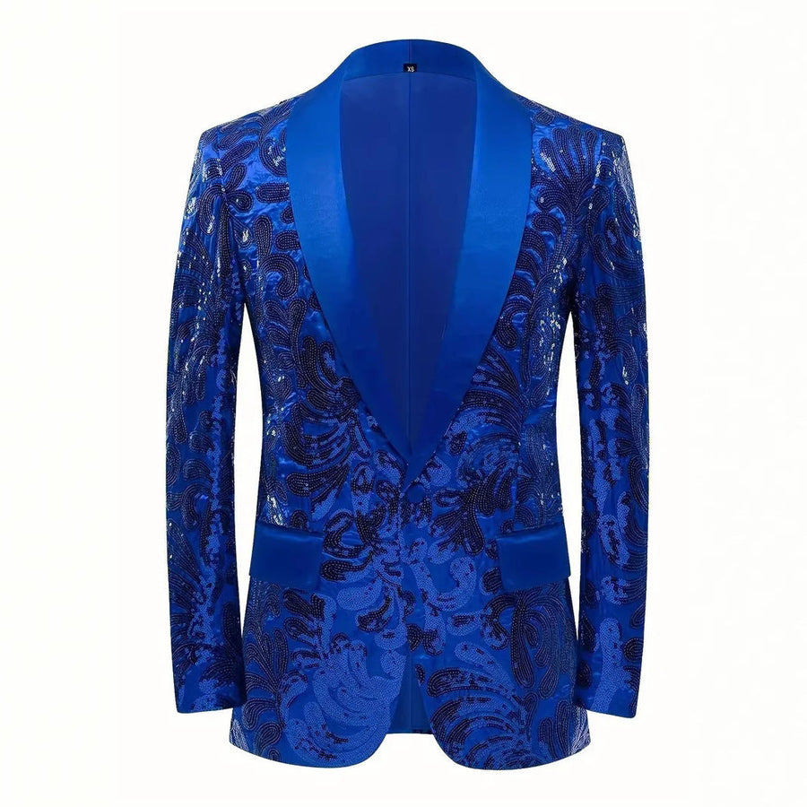 Tailored Fit Shawl Lapel Single Breasted One-Button Men's Party Jacket with Sequins Appliques