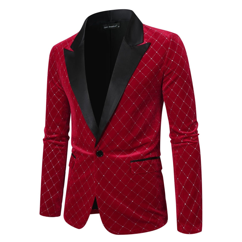 Tailored Fit Peaked Lapel Single Breasted One-Button Diamond Pattern Men's Party Jacket