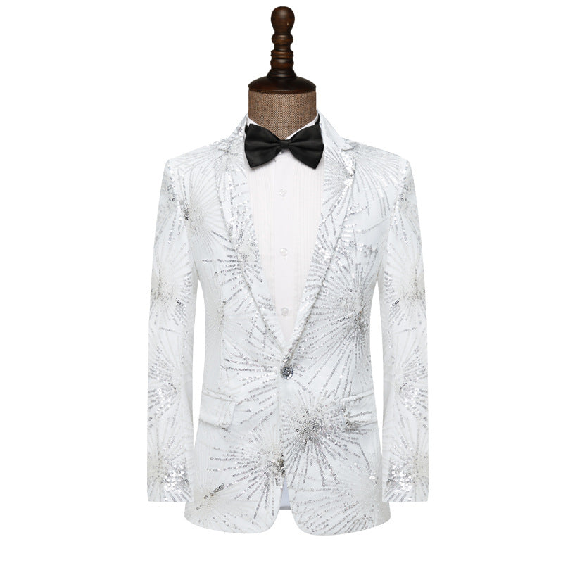 Tailored Fit Notched Lapel Single Breasted One-Button Men's Party Jacket with Sequins