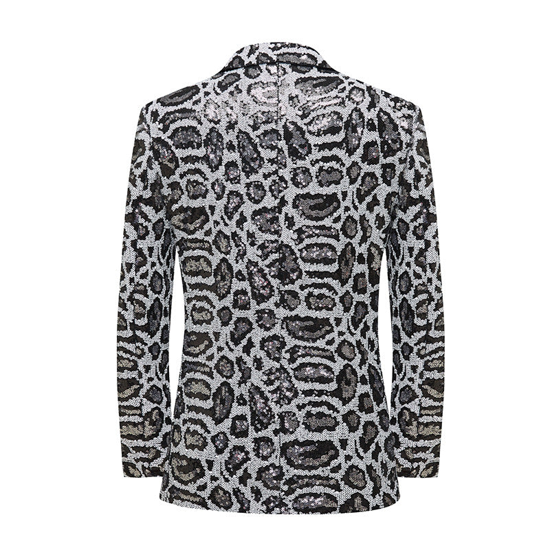 Tailored Fit Peaked Lapel Single Breasted One-Button Leopard Prined Sequin Men's Party Jacket