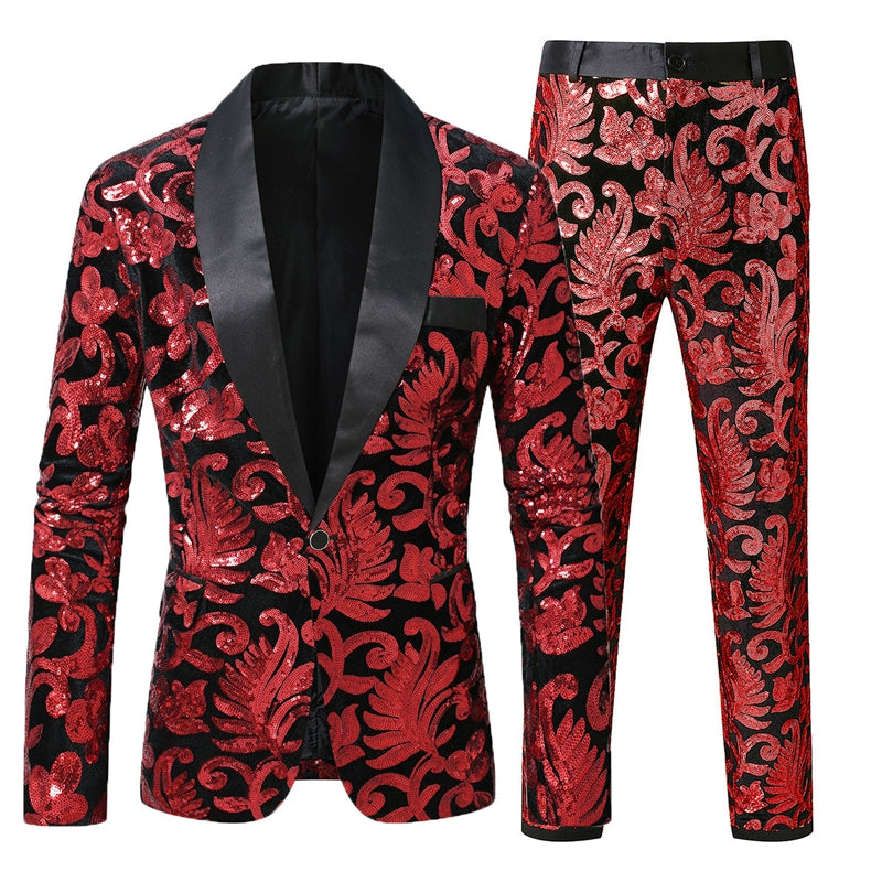 Tailored Fit Shawl Lapel Single Breasted One-Button 2 Piece Men's Party Suits with Sequin Appliques