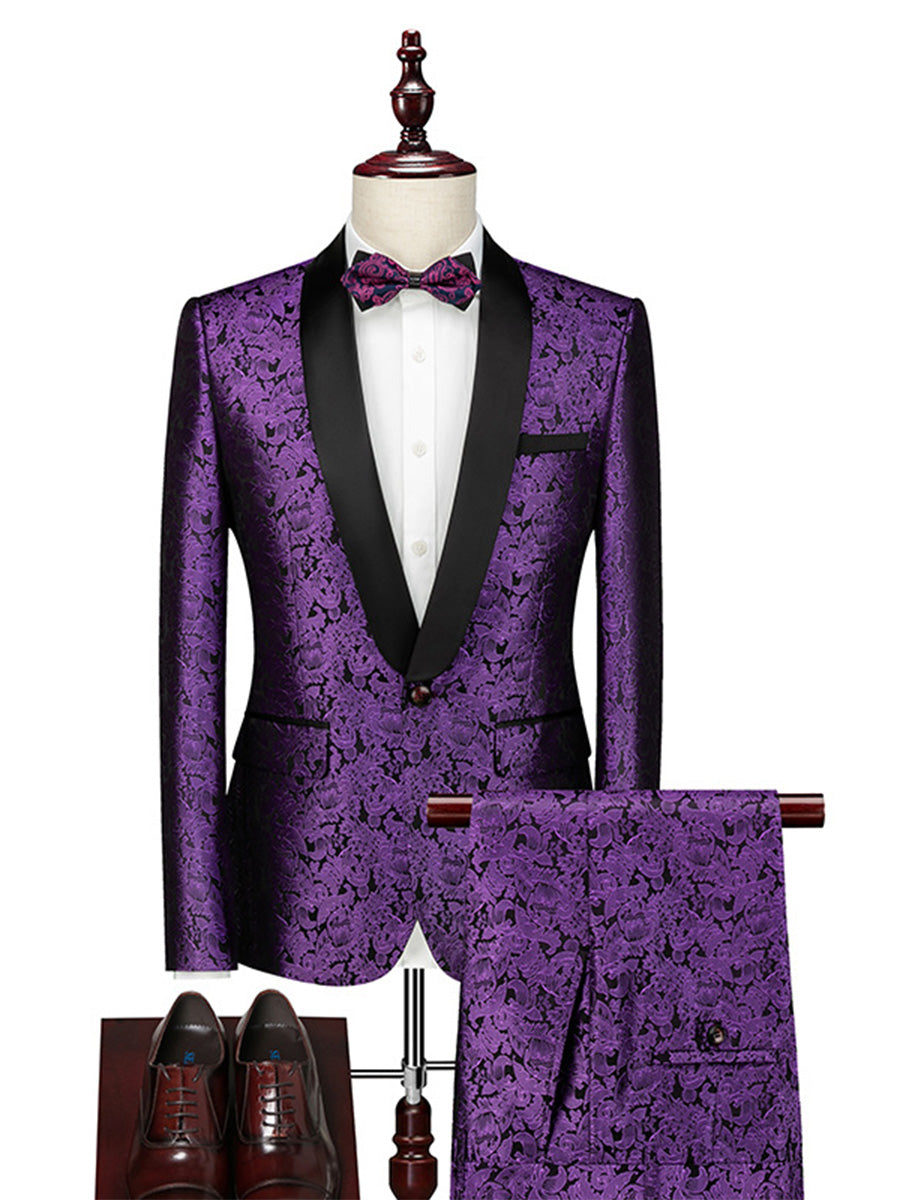 Tailored Fit Shawl Lapel Single Breasted One-Button Jacquard 2 Piece Men's Party Suits