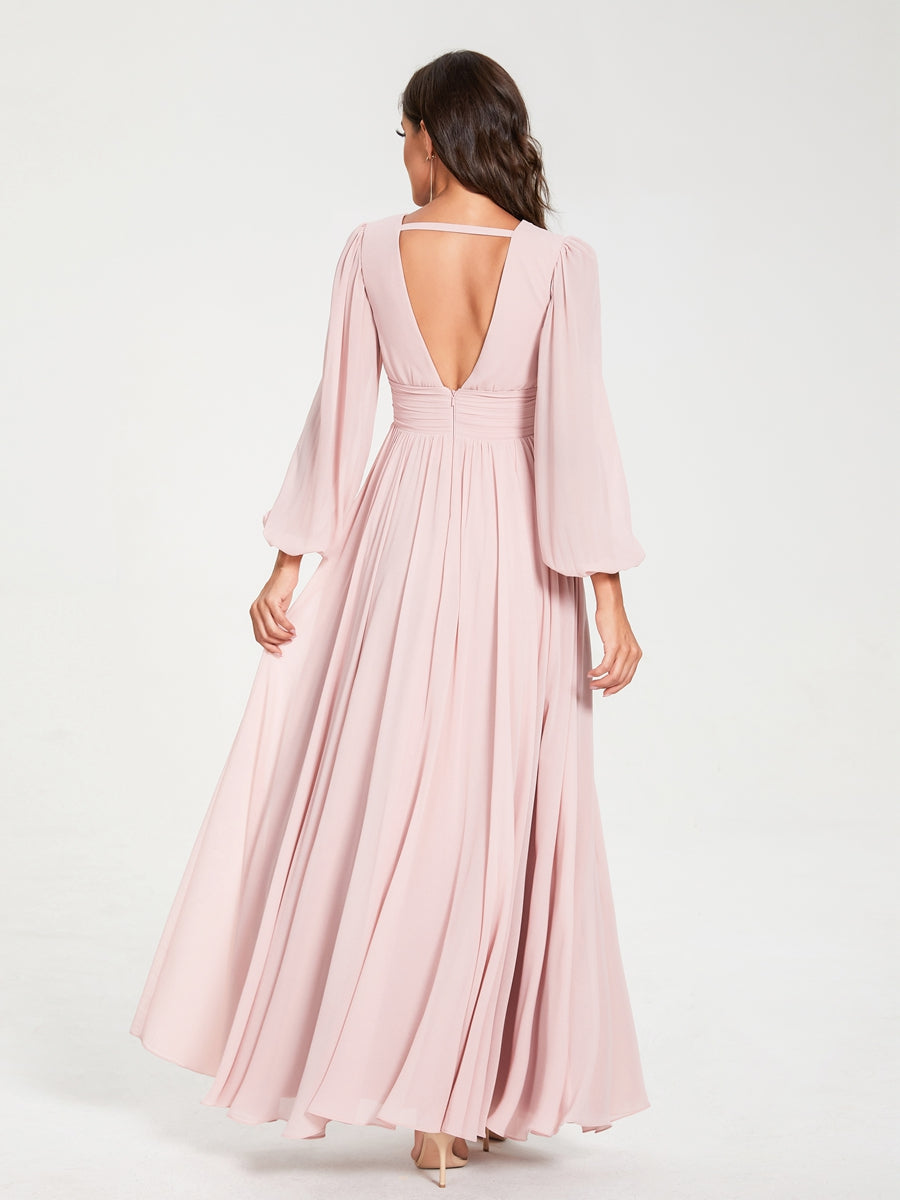 A-Line/Princess V-Neck Long Sleeves Split Side With Pockets Bridesmaid Dresses