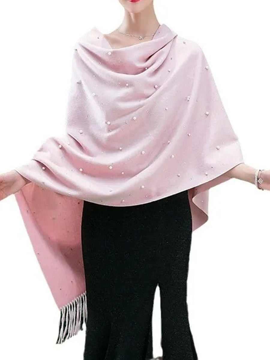 Women's Cashmere Solid Colored Scarf Casual Shawl with Pearls & Tassels