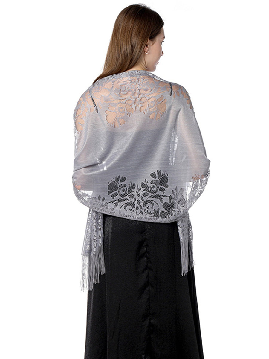 Women's Solid Colored Fringed Scarf Cape with Floral Cut-out