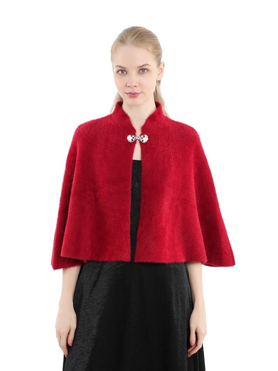 Women's Elegant Knitted Solid Color Cape Shawl with Button