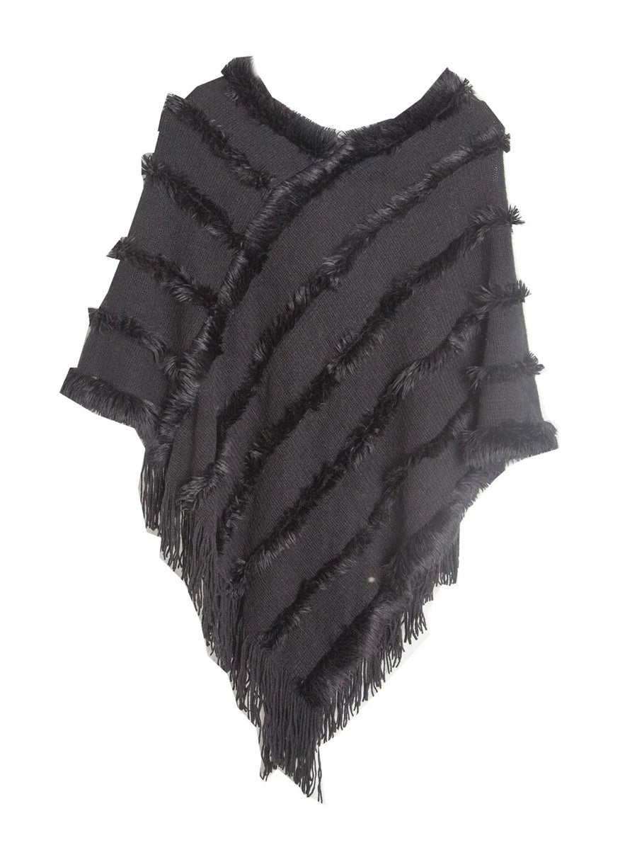Women's Warm V-Neck Stylish Knitted Plush Fringed Shawl Cape