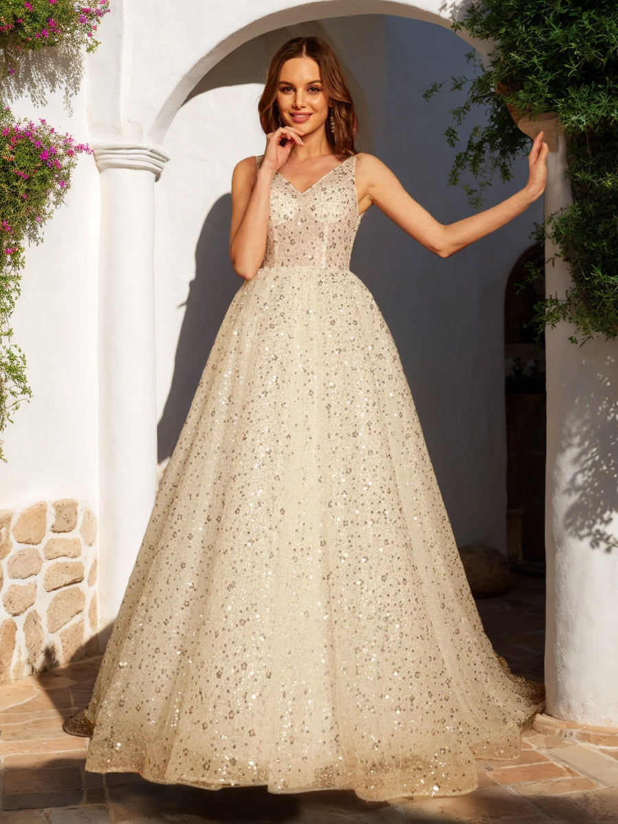 A-Line/Princess V-Neck Sleeveless Backless Long Formal Dresses