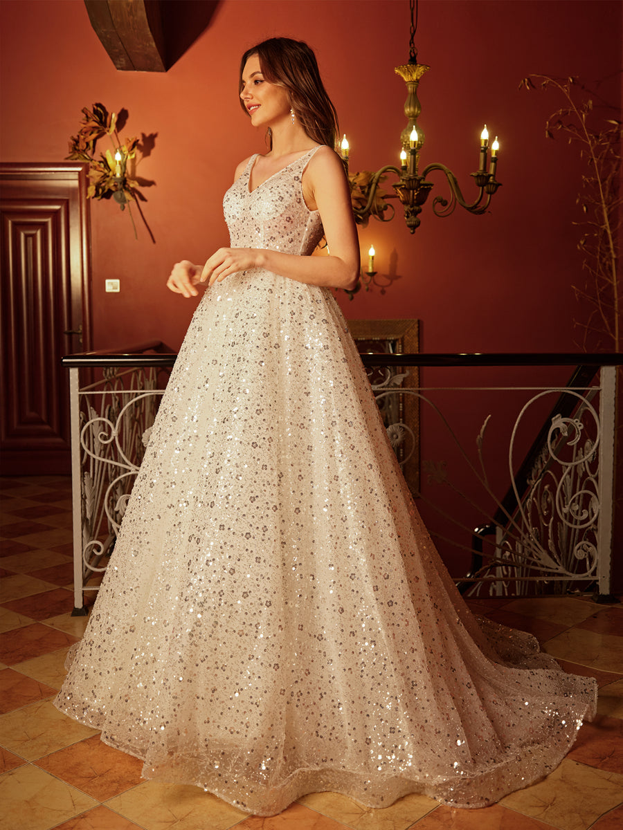 A-Line/Princess V-Neck Sleeveless Backless Long Formal Dresses