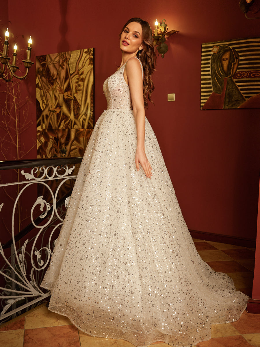 A-Line/Princess V-Neck Sleeveless Backless Long Formal Dresses