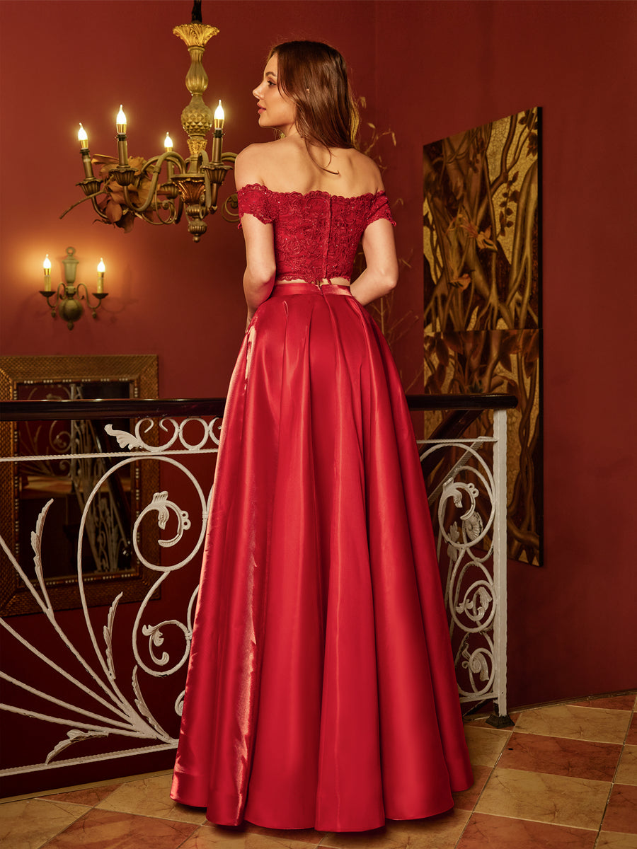 A-Line/Princess Off-the-Shoulder Applique Two Piece Long Formal Dresses