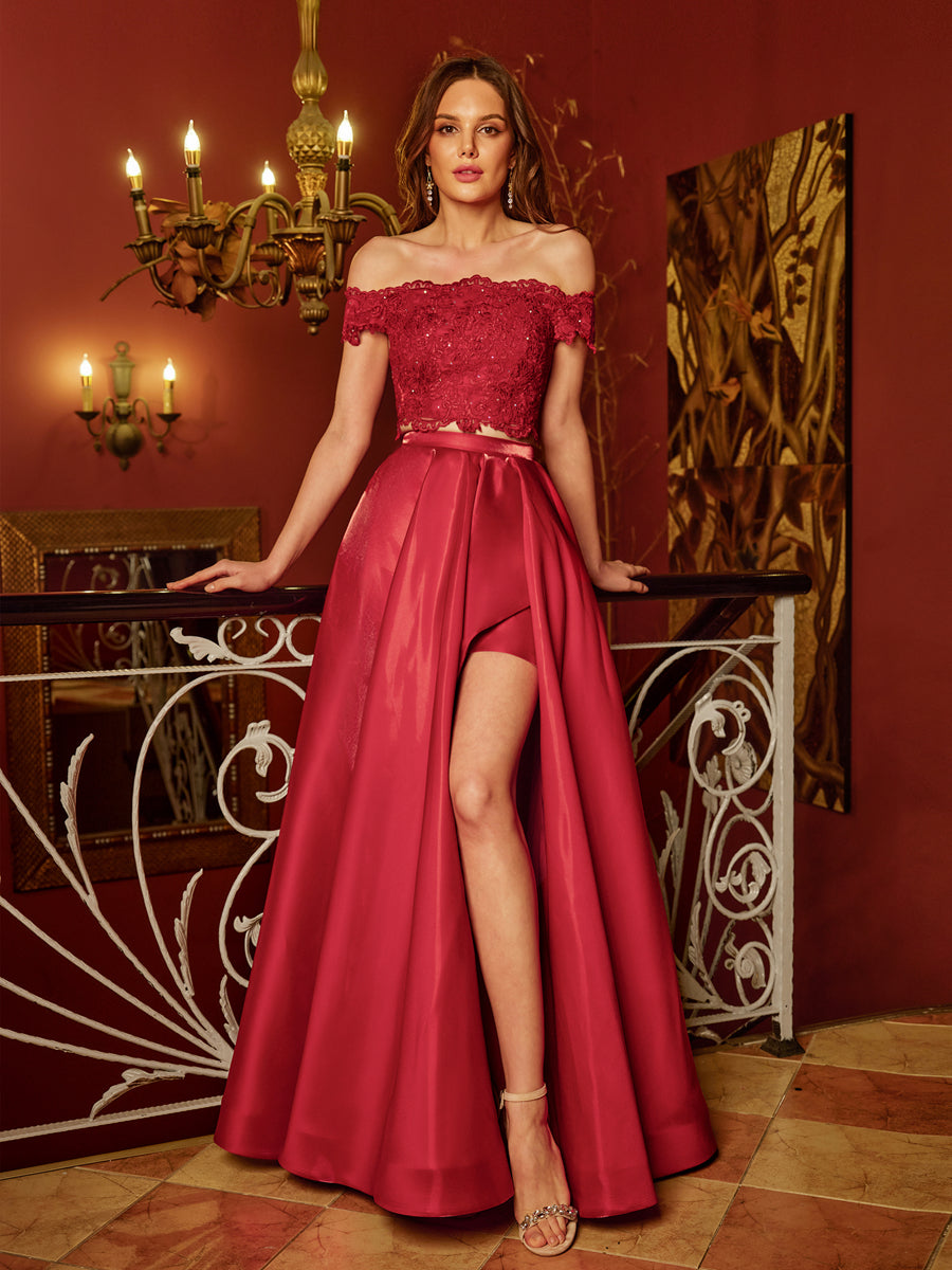 A-Line/Princess Off-the-Shoulder Applique Two Piece Long Formal Dresses
