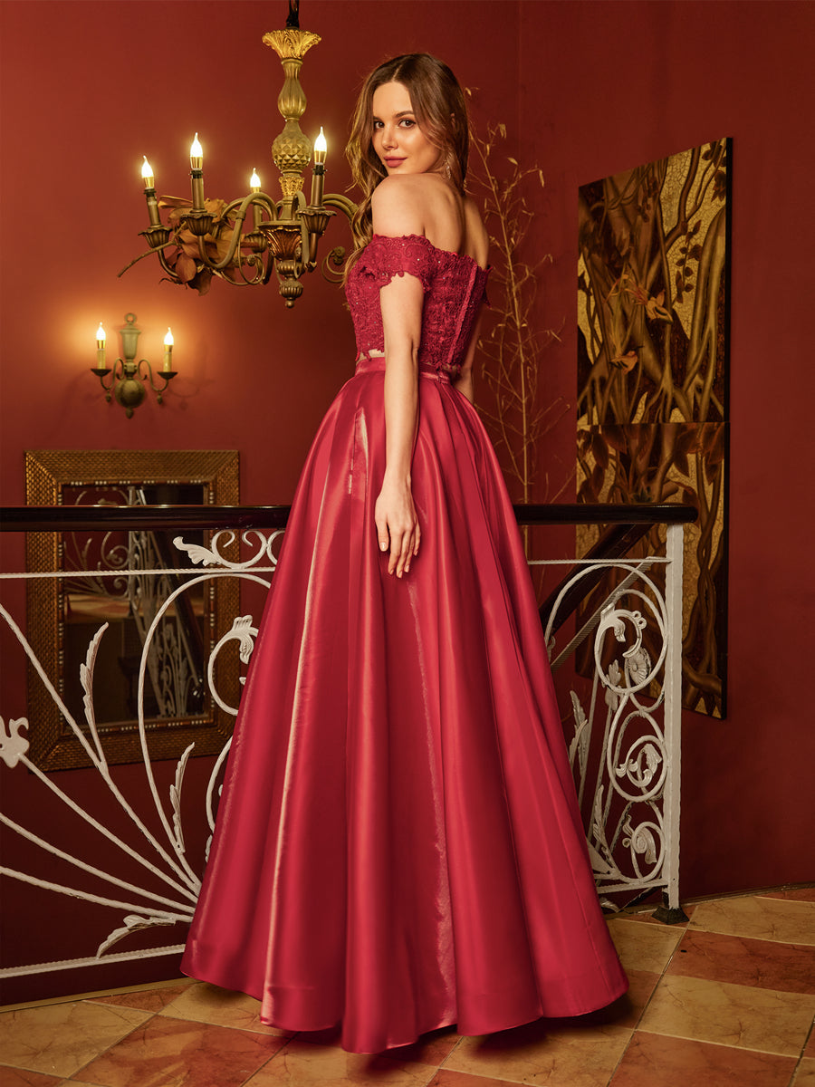 A-Line/Princess Off-the-Shoulder Applique Two Piece Long Formal Dresses