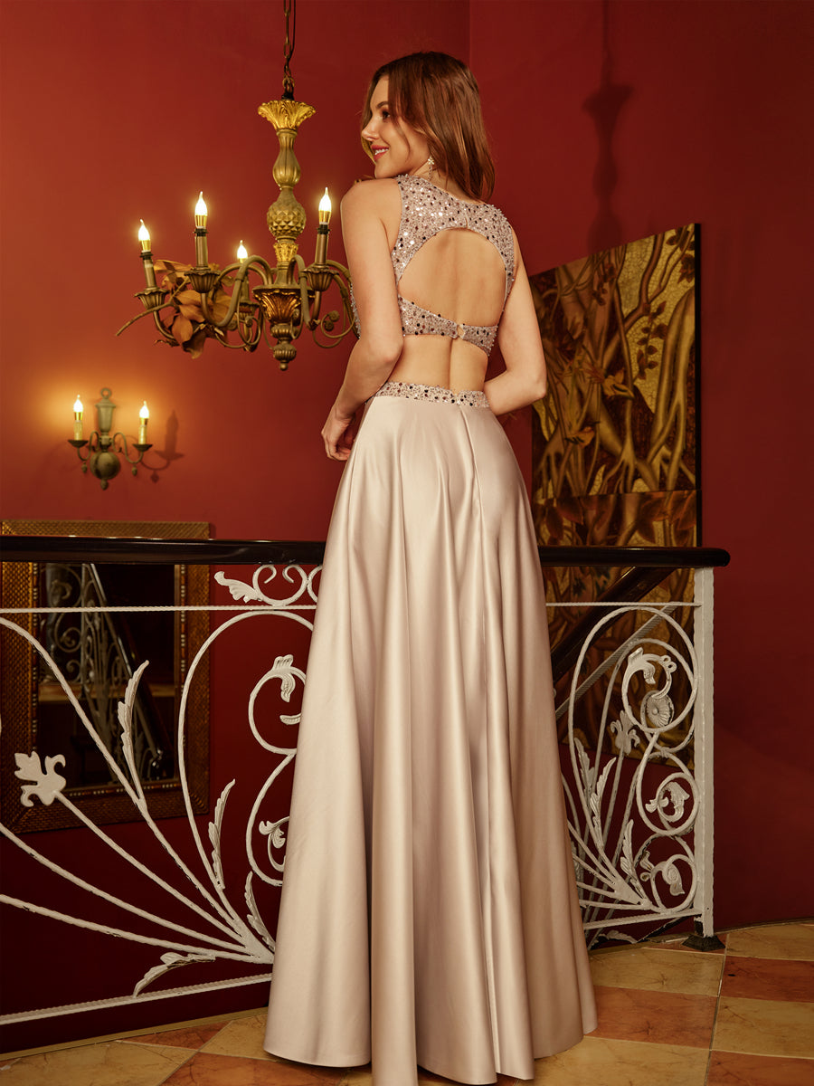 A-Line/Princess Scoop Sleeveless Two Piece Long Formal Dresses