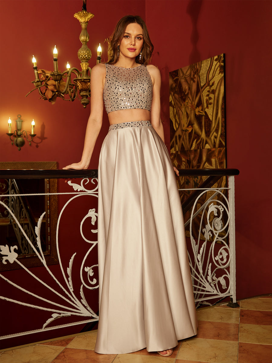 A-Line/Princess Scoop Sleeveless Two Piece Long Formal Dresses