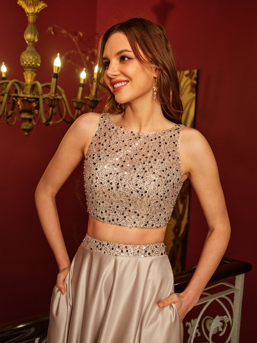 A-Line/Princess Scoop Sleeveless Two Piece Long Formal Dresses