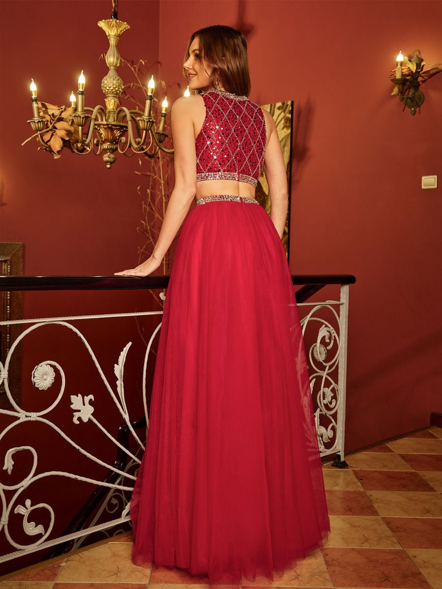 A-Line/Princess Scoop Sleeveless Tulle Sequins Two Piece Long Formal Dresses