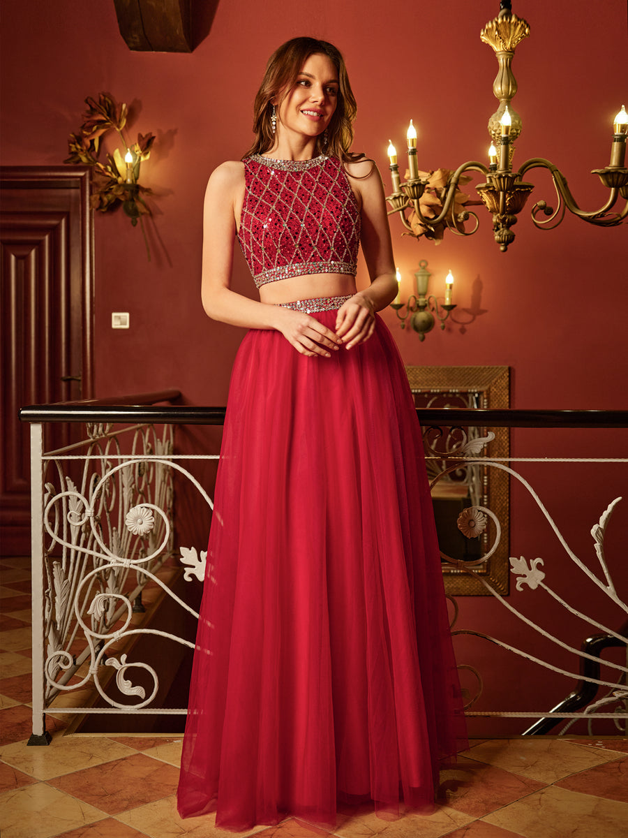 A-Line/Princess Scoop Sleeveless Tulle Sequins Two Piece Long Formal Dresses