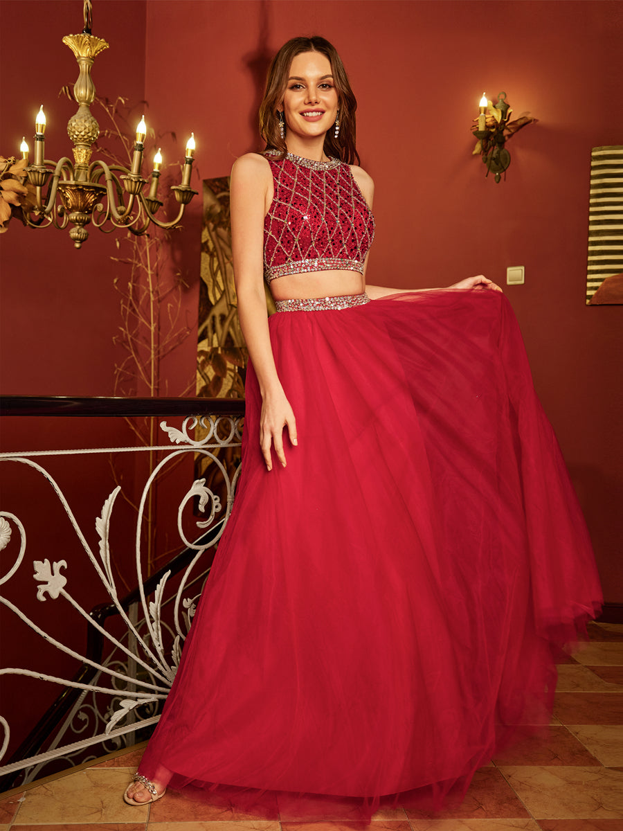 A-Line/Princess Scoop Sleeveless Tulle Sequins Two Piece Long Formal Dresses