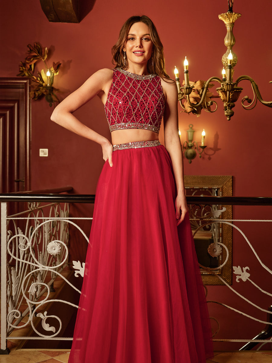 A-Line/Princess Scoop Sleeveless Tulle Sequins Two Piece Long Formal Dresses