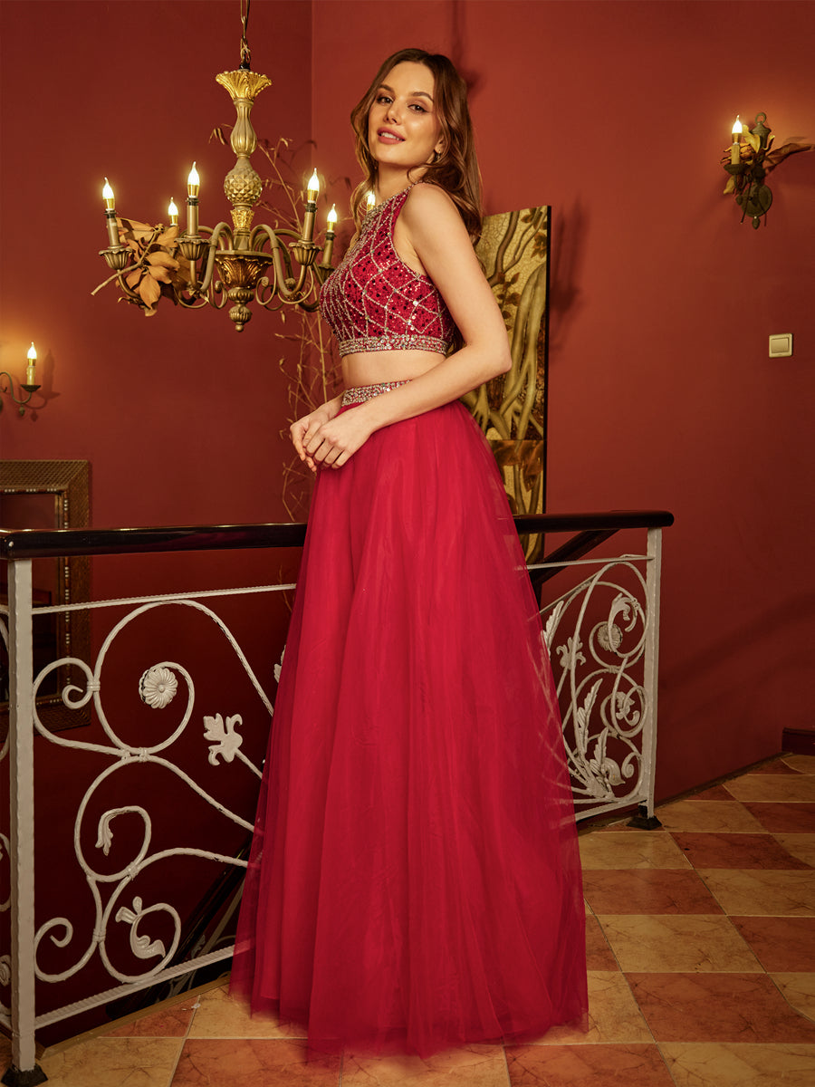 A-Line/Princess Scoop Sleeveless Tulle Sequins Two Piece Long Formal Dresses