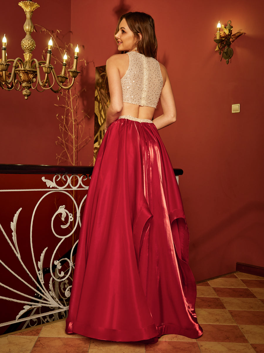 A-Line/Princess Scoop Sleeveless Sequins Two-Piece Long Formal Dresses