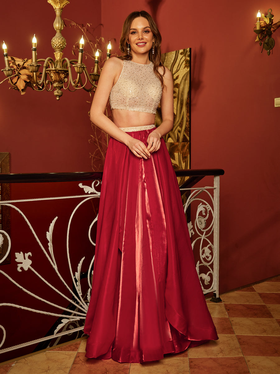 A-Line/Princess Scoop Sleeveless Sequins Two-Piece Long Formal Dresses