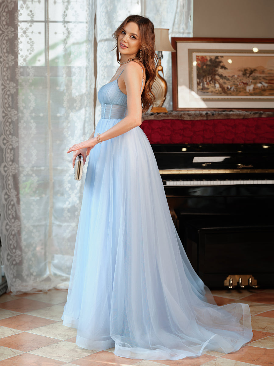 A-Line/Princess Spaghetti Straps Split Side Sleeveless Long Formal Dresses