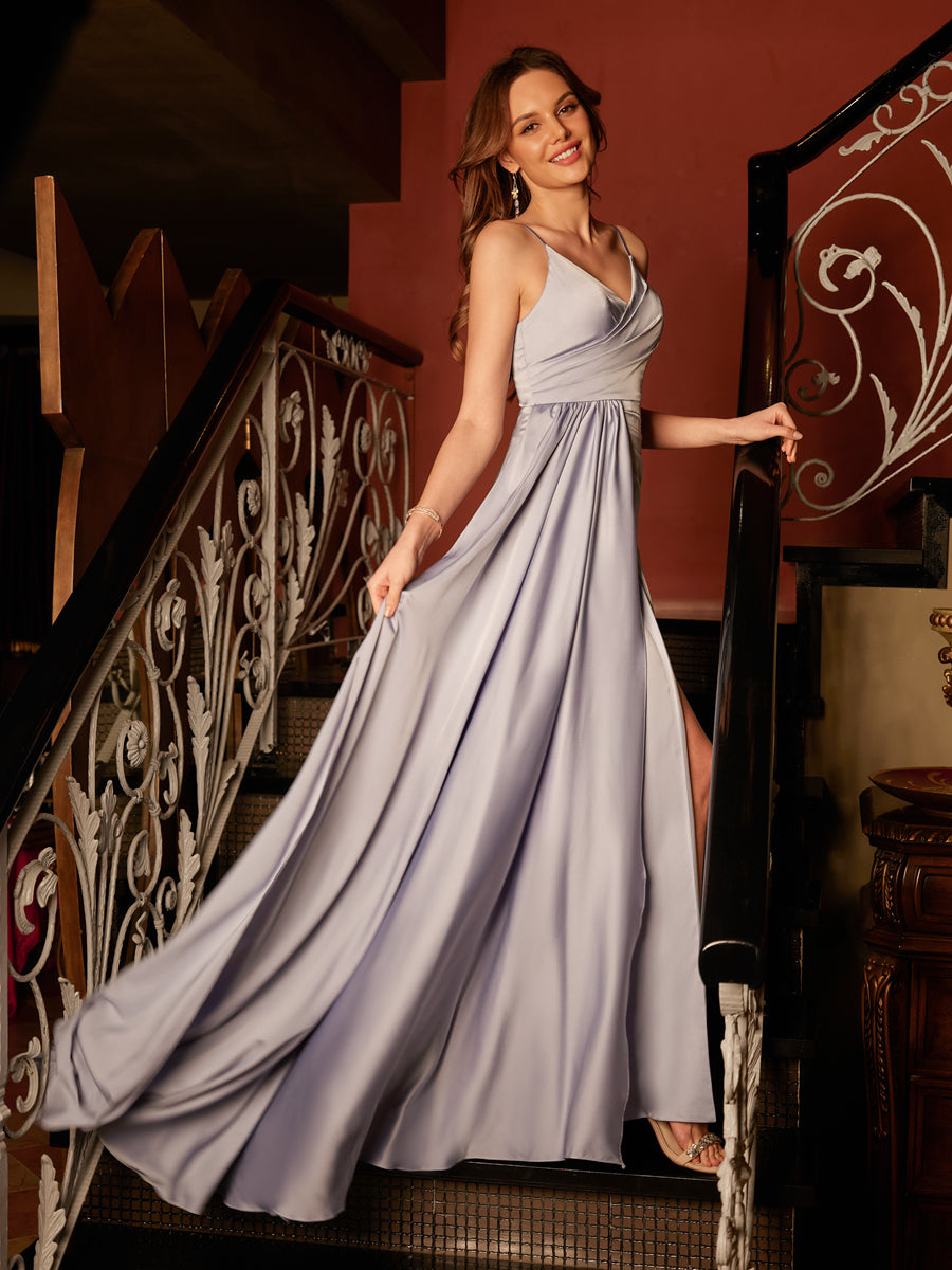 A-Line/Princess Spaghetti Straps Split Side Silk Satin Long Formal Dresses