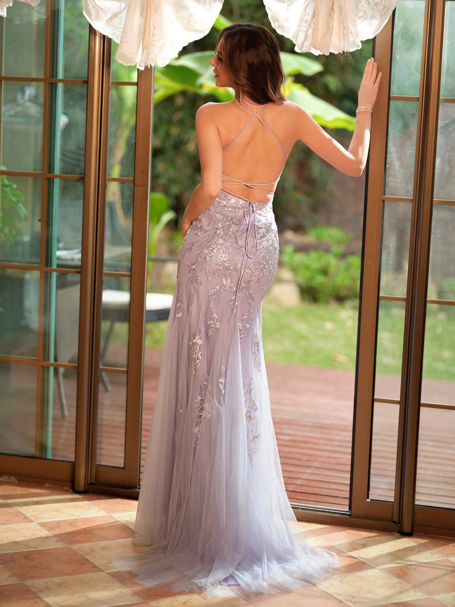 Trumpet/Mermaid Spaghetti Straps Applique Tulle Long Formal Dresses