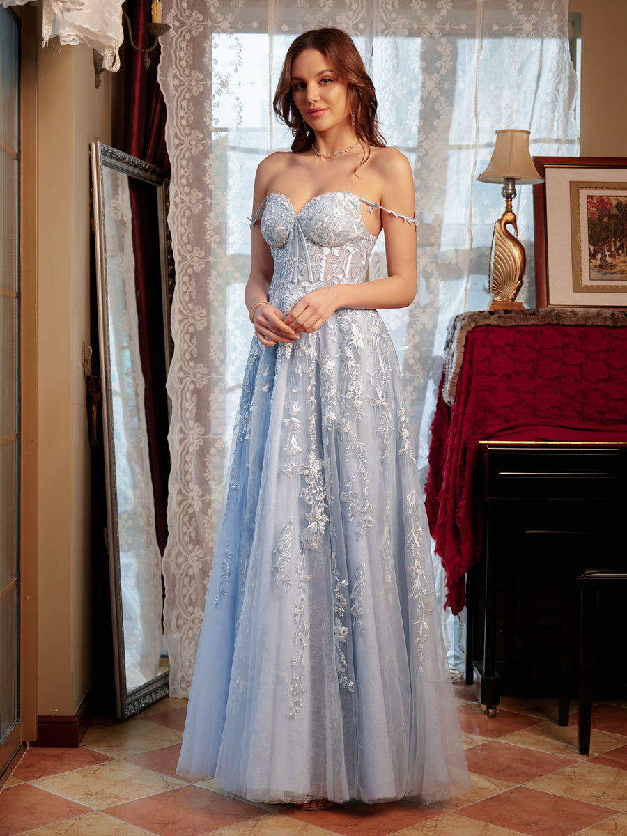 A-Line/Princess Sweetheart Applique Tulle Long Formal Dresses