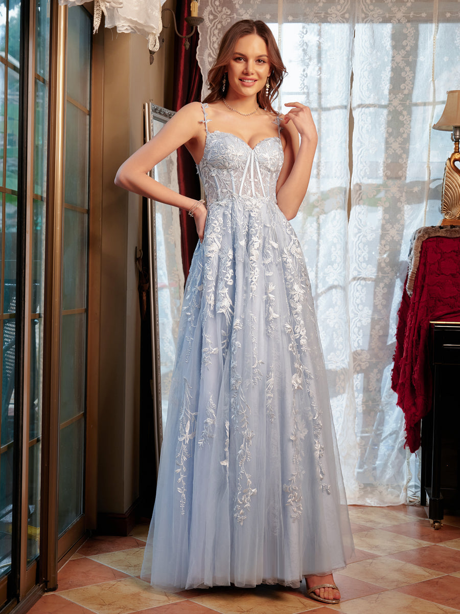 A-Line/Princess Sweetheart Applique Tulle Long Formal Dresses