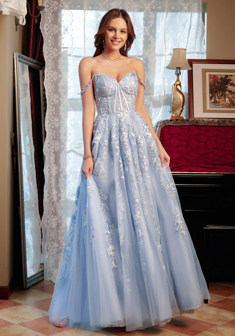 A-Line/Princess Sweetheart Applique Tulle Long Formal Dresses