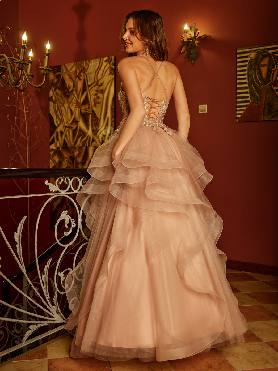A-Line/Princess V-Neck Applique Sequins Tulle Long Formal Dresses