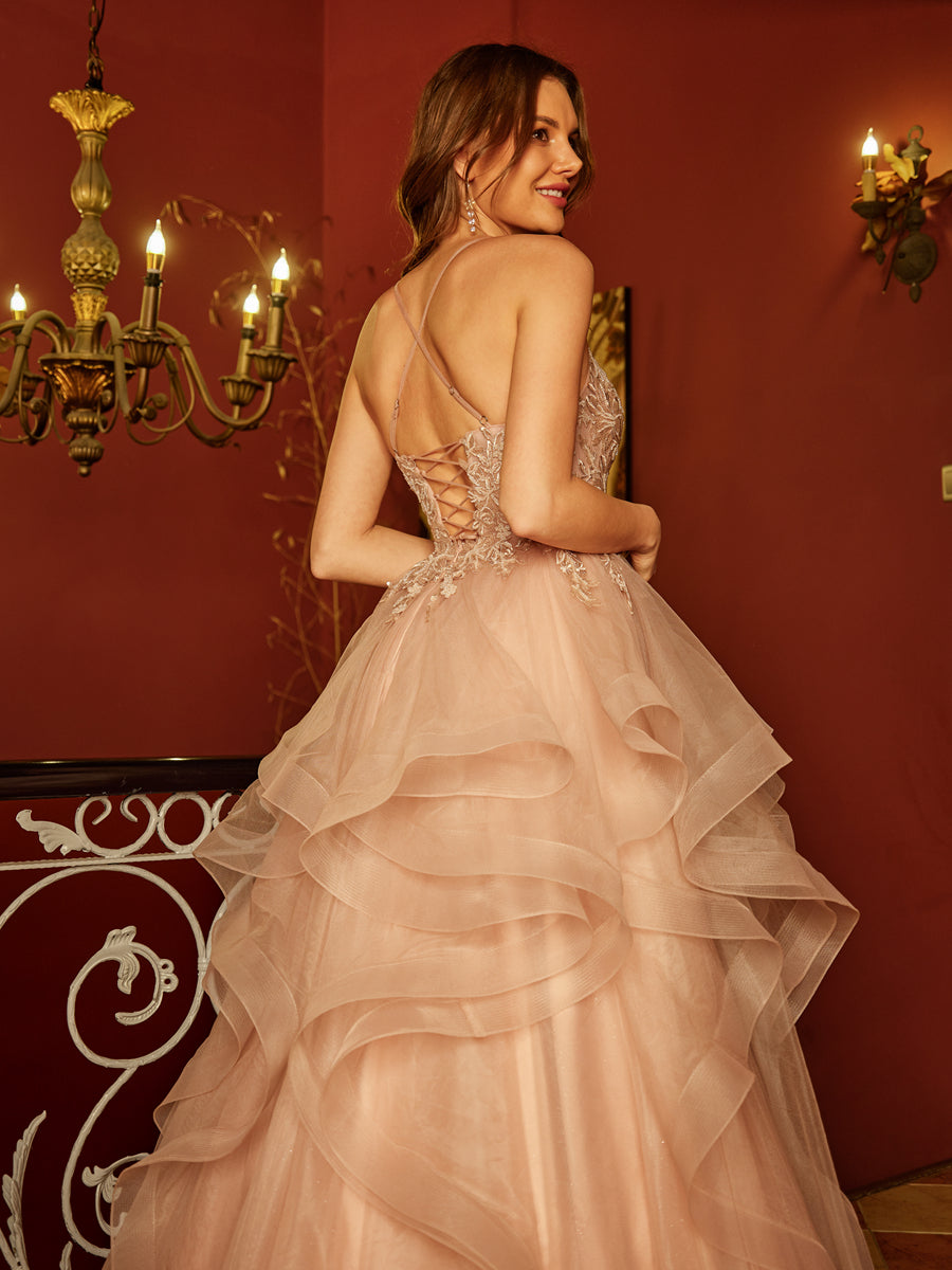 A-Line/Princess V-Neck Applique Sequins Tulle Long Formal Dresses