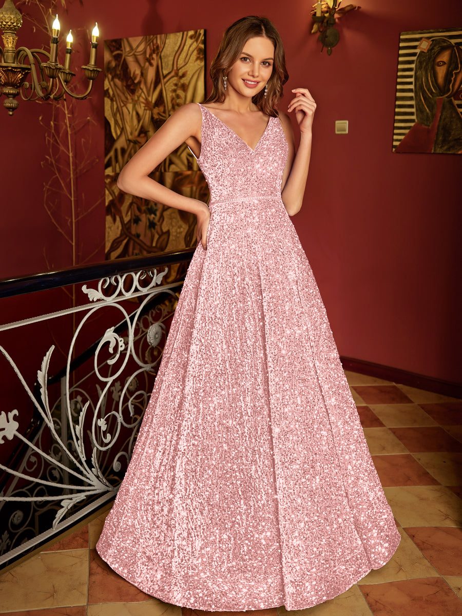 A-Line/Princess V-Neck Long Formal Dresses with Belt