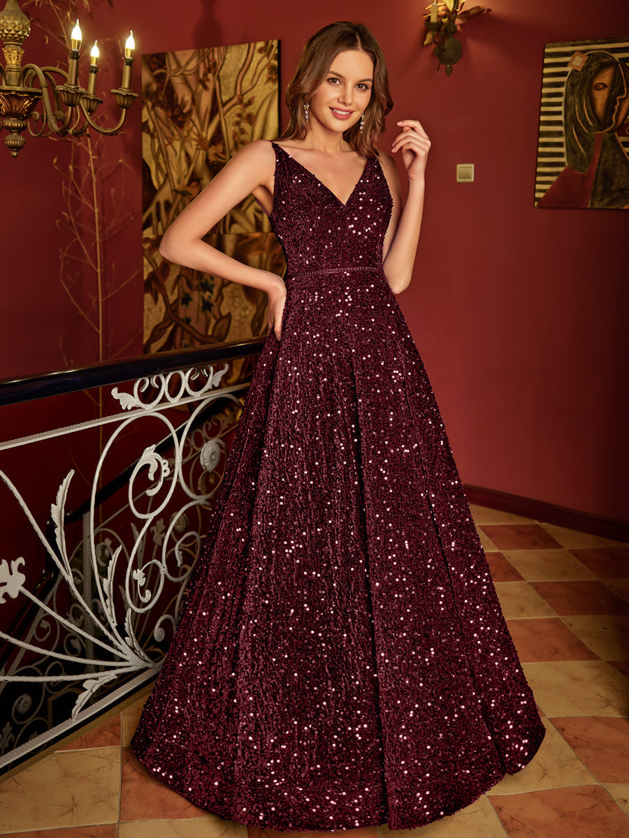 A-Line/Princess V-Neck Long Formal Dresses with Belt