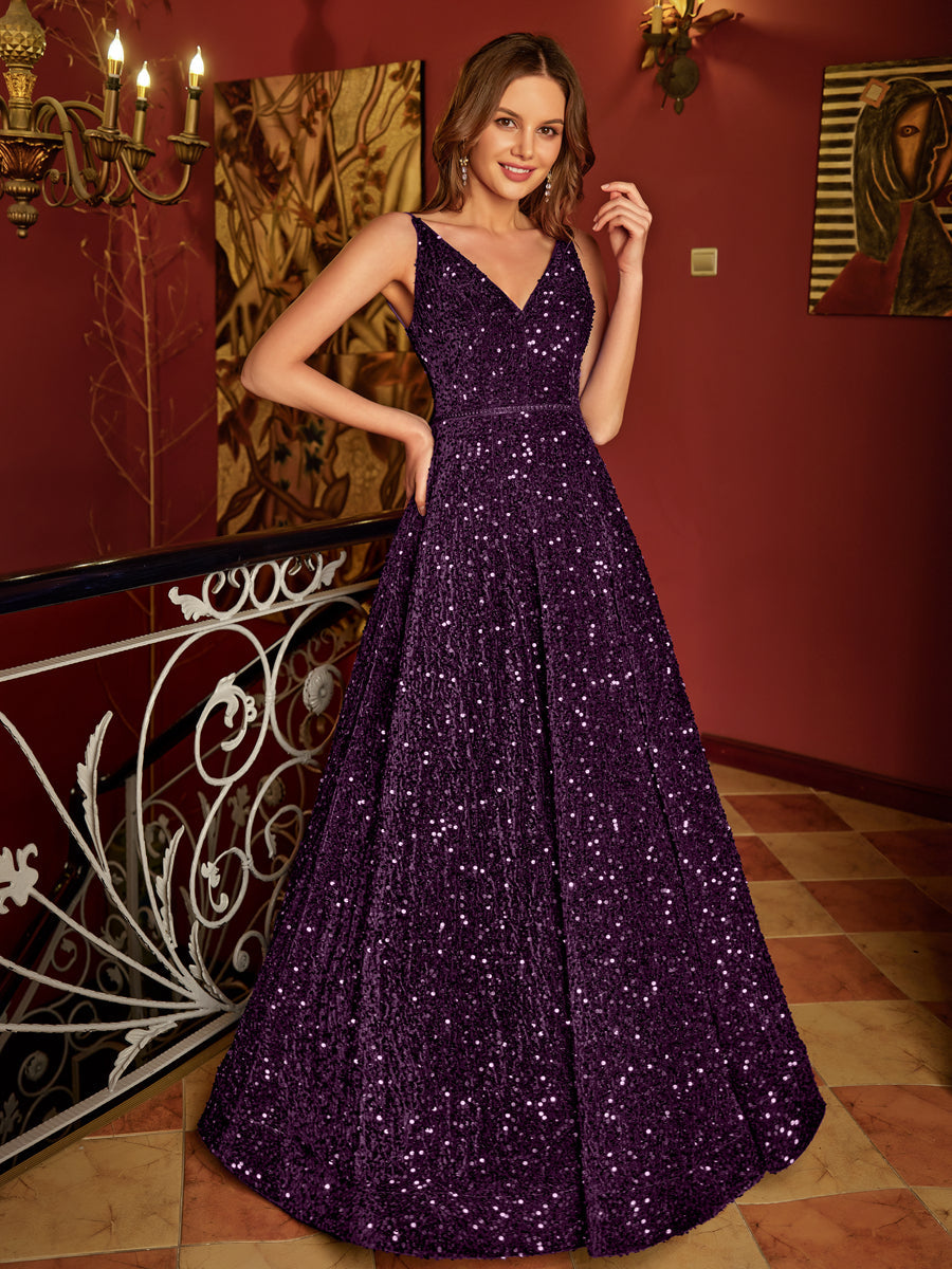 A-Line/Princess V-Neck Long Formal Dresses with Belt