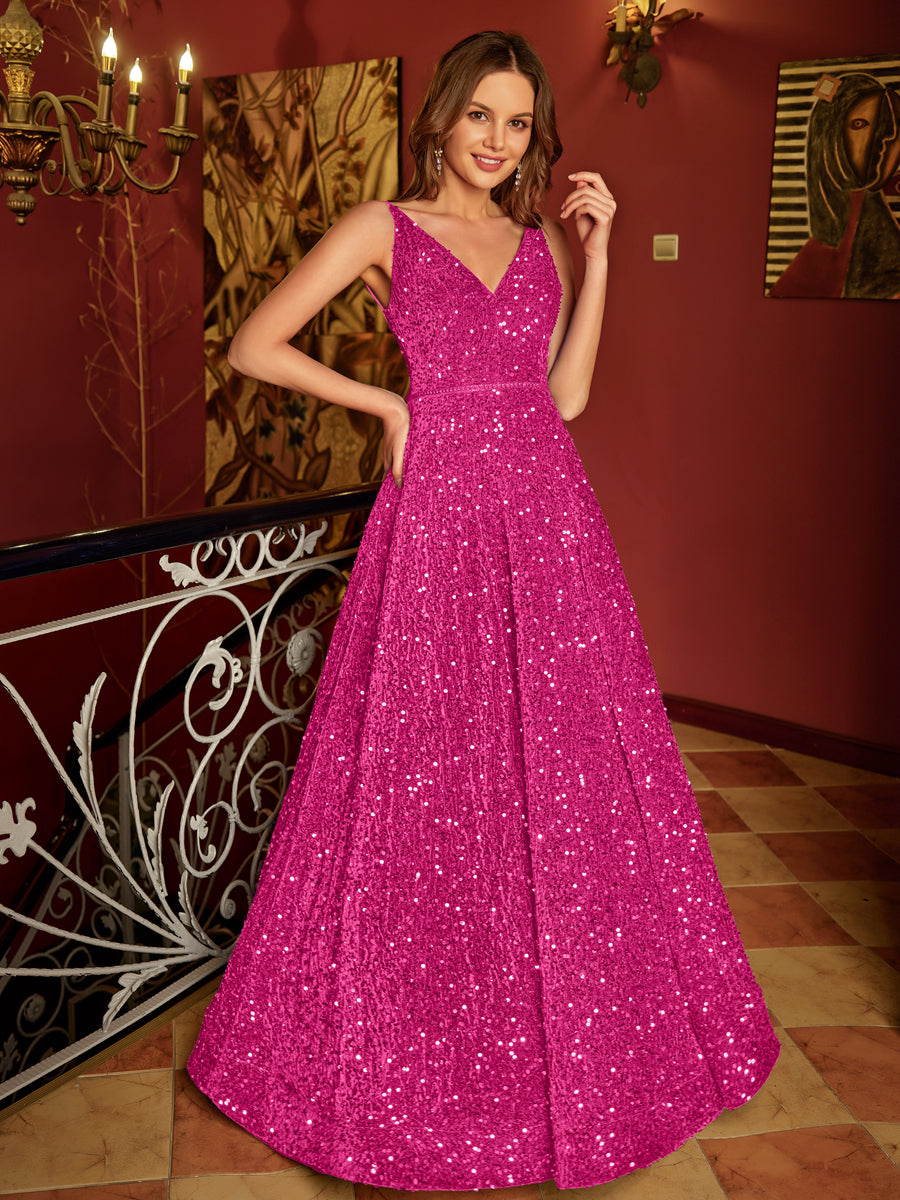 A-Line/Princess V-Neck Long Formal Dresses with Belt