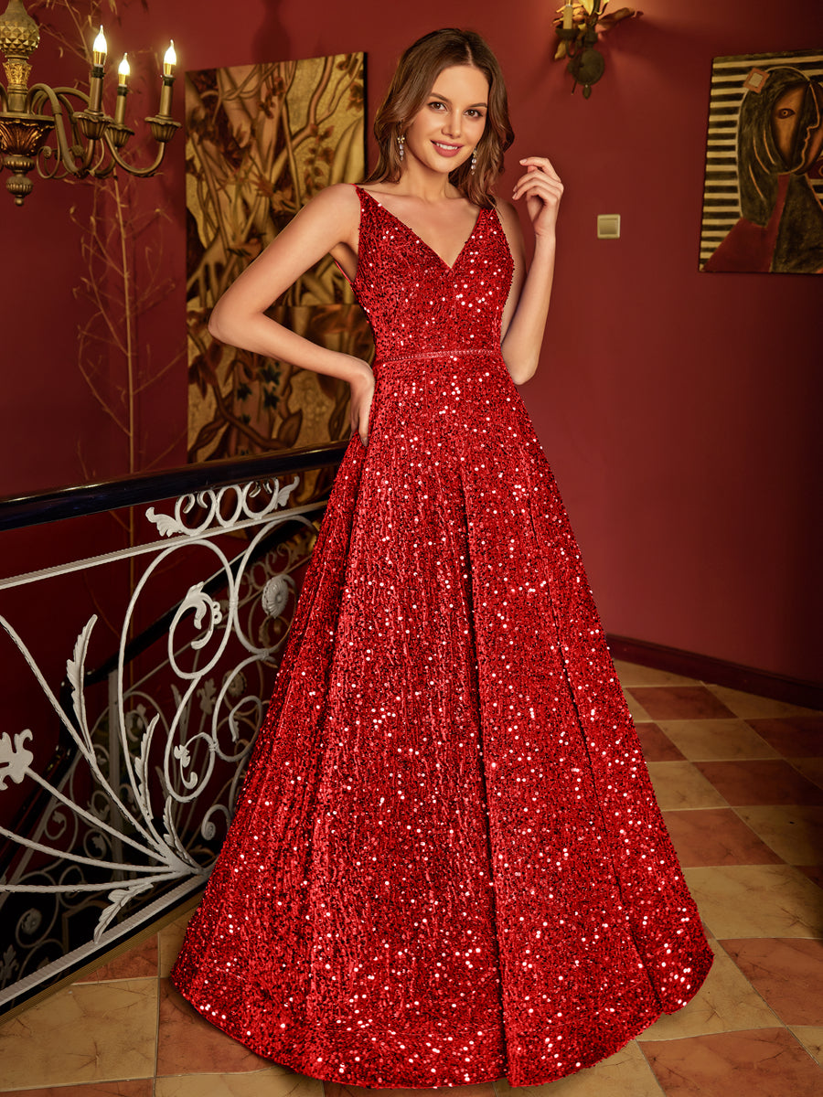 A-Line/Princess V-Neck Long Formal Dresses with Belt