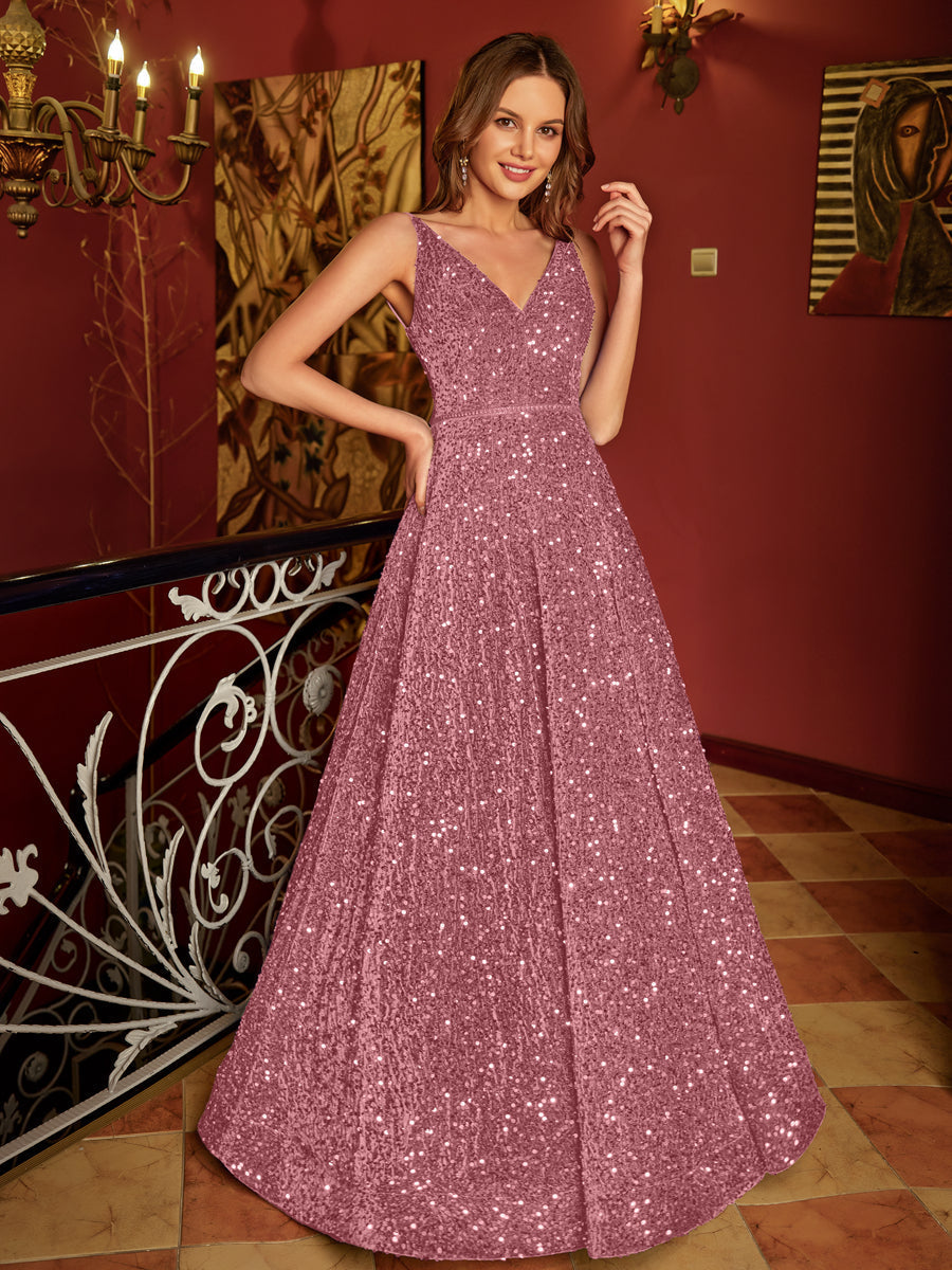 A-Line/Princess V-Neck Long Formal Dresses with Belt
