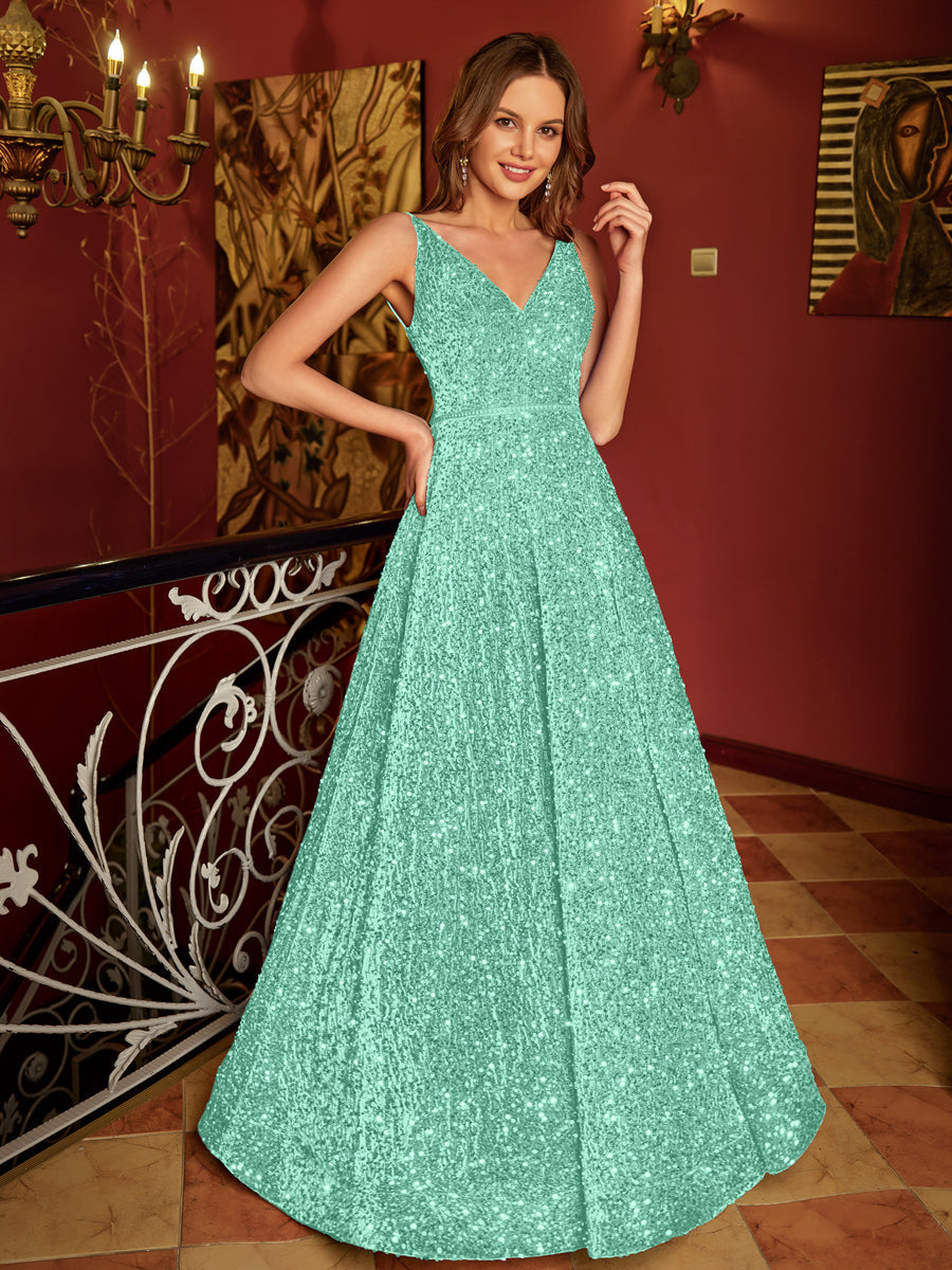 A-Line/Princess V-Neck Long Formal Dresses with Belt