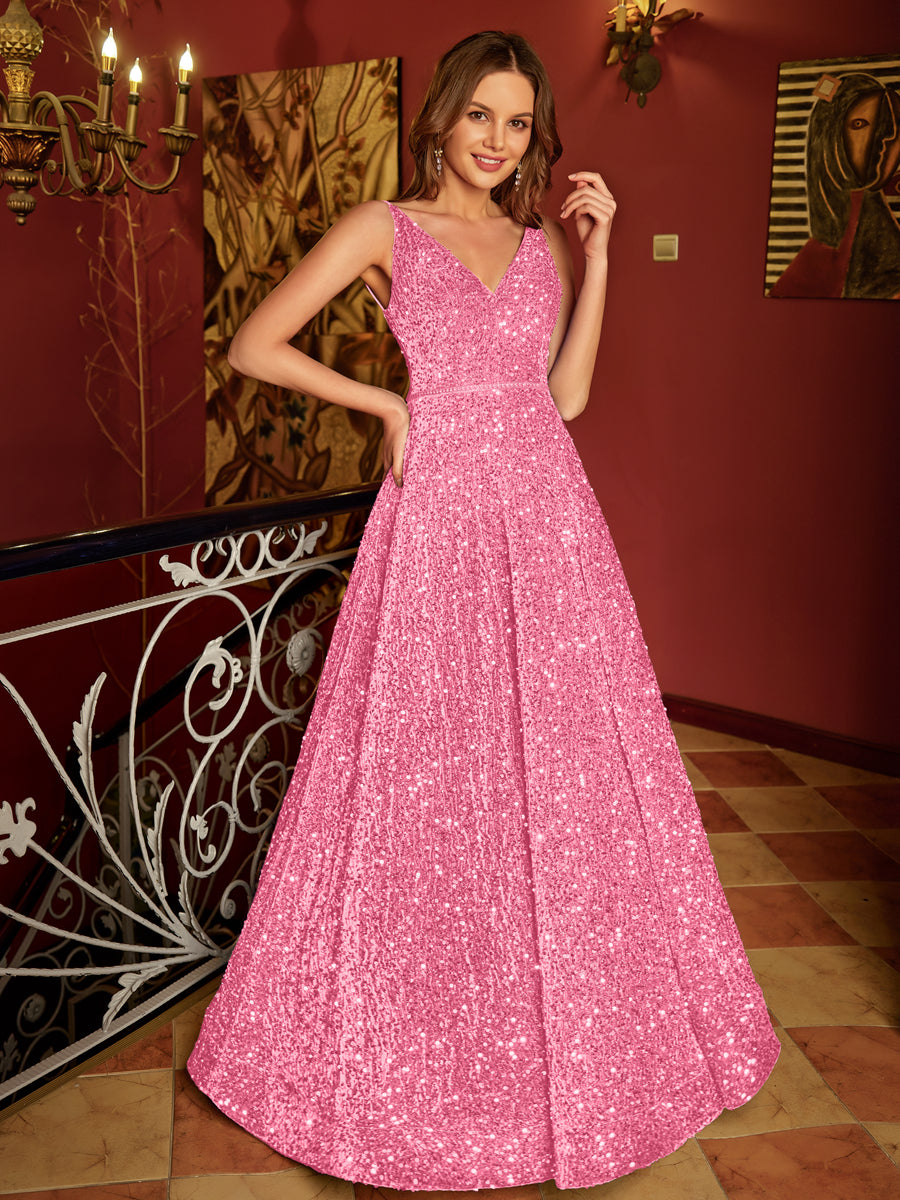 A-Line/Princess V-Neck Long Formal Dresses with Belt
