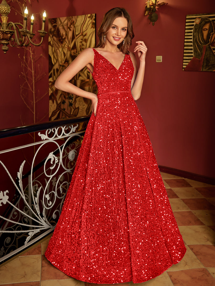A-Line/Princess V-Neck Long Formal Dresses with Belt