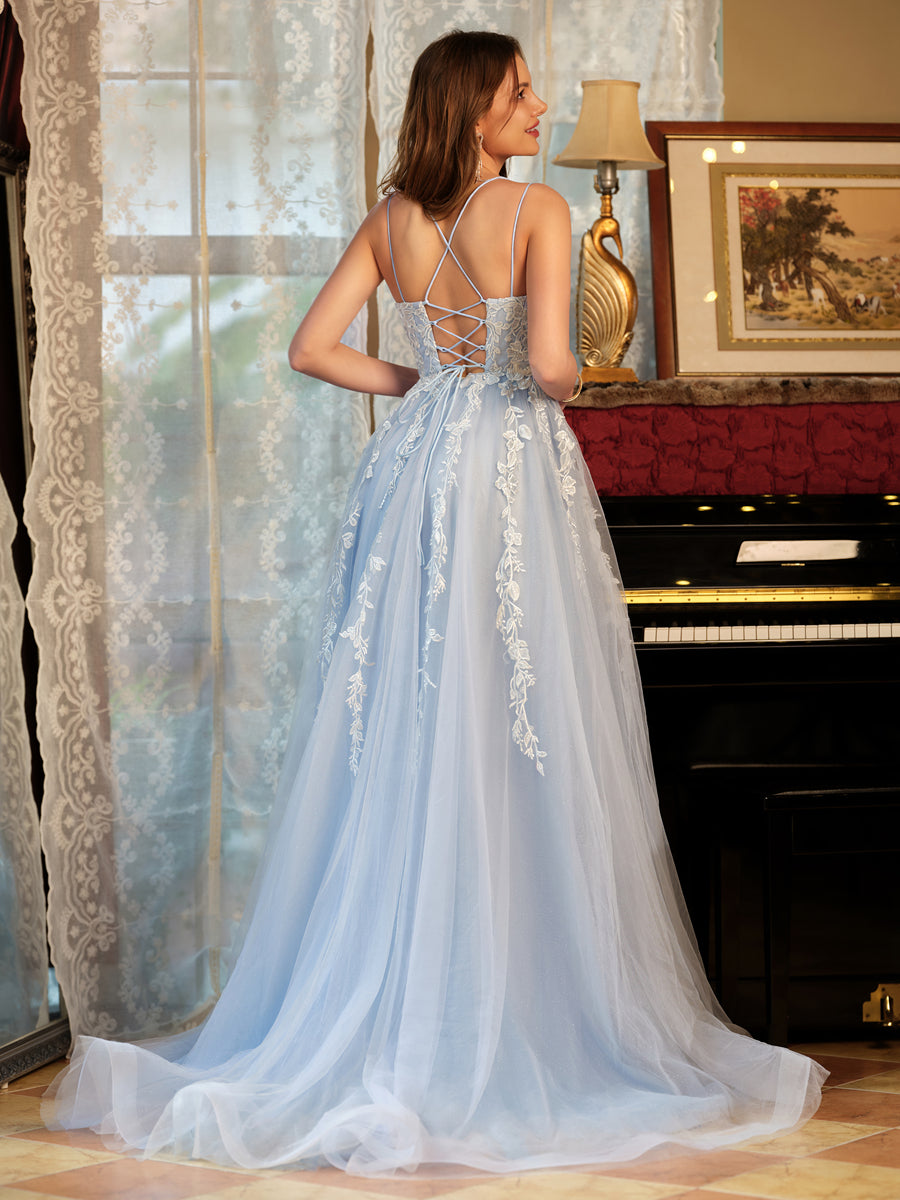 A-Line/Princess Tulle Spaghetti Straps Applique Long Formal Dresses