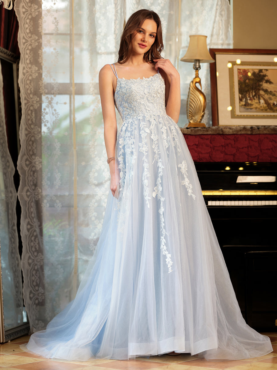 A-Line/Princess Tulle Spaghetti Straps Applique Long Formal Dresses