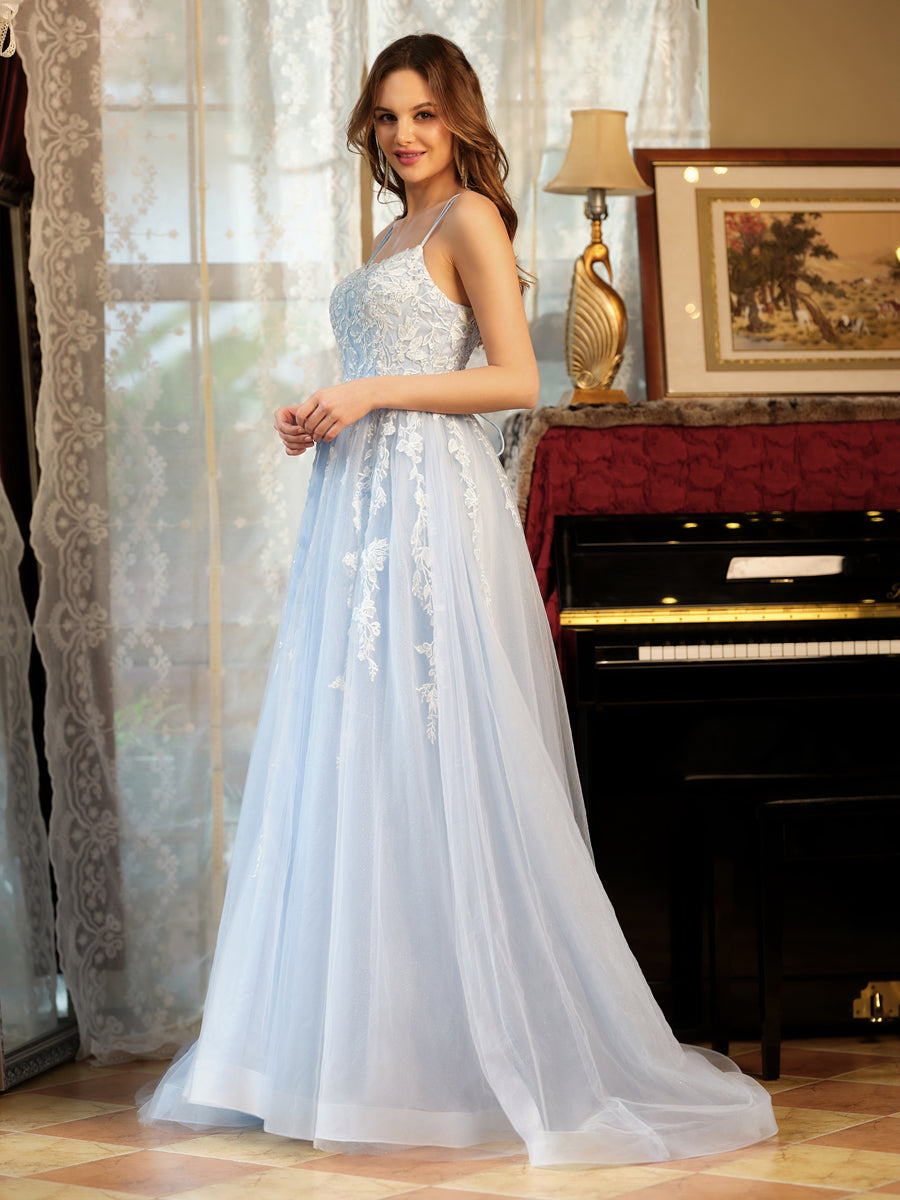 A-Line/Princess Tulle Spaghetti Straps Applique Long Formal Dresses